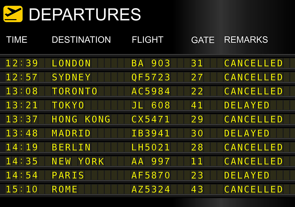 Travel insurance departures board showing flights cancelled or delayed