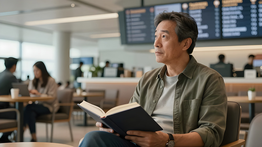 Air Travel saving money at the airport with flight tracking apps man looking anxiously at arrival board