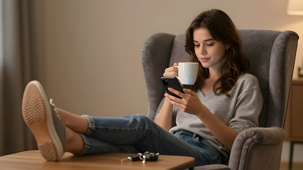 Woman sipping coffee in armchair at home