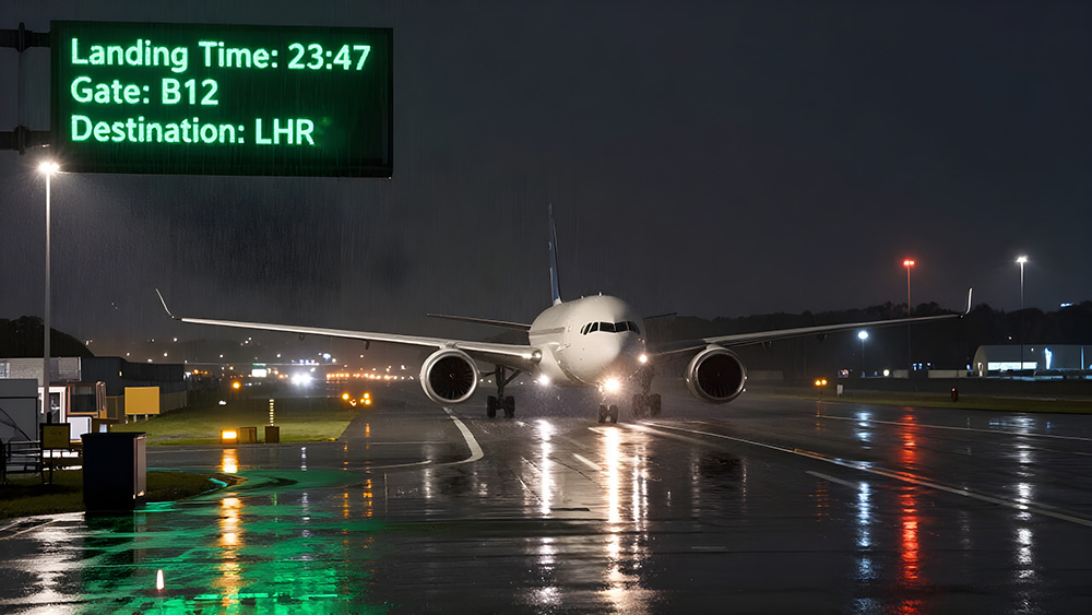 Air Travel aircraft taxiing at airportat night in the rain