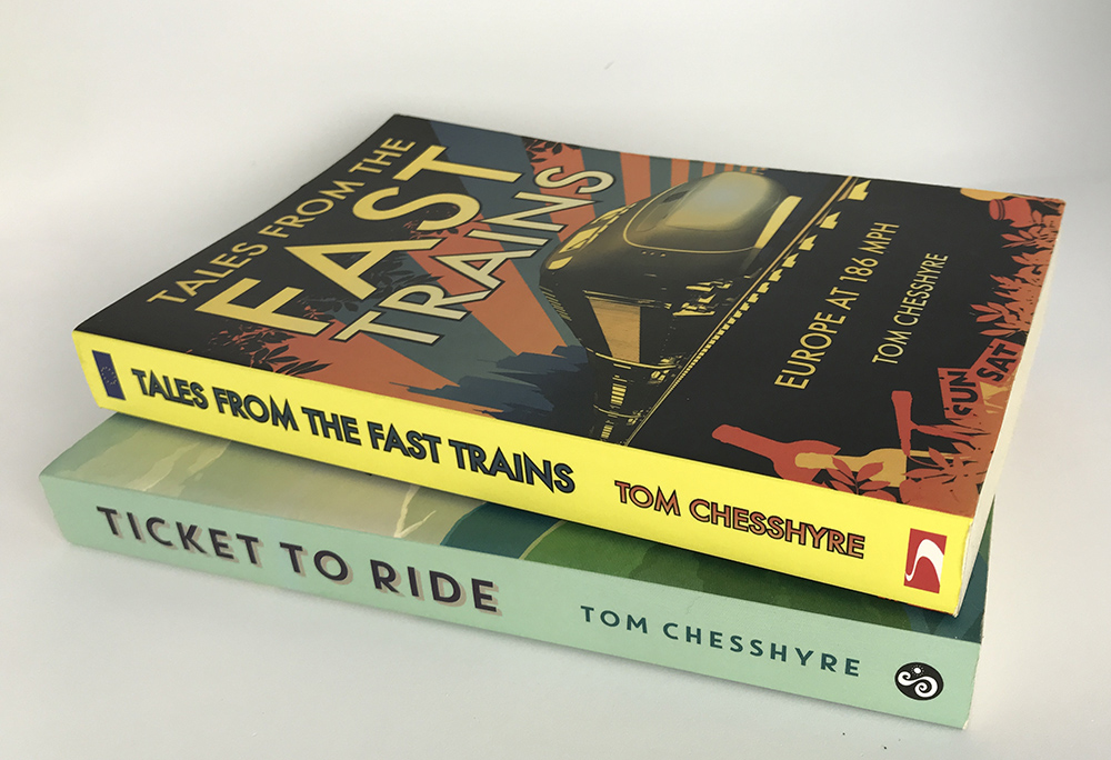 Two books by Tom Cheshyre on travel by train