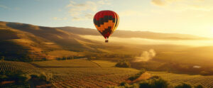 Where in the World 626 hot air balloonover mountains at dawn sunrise
