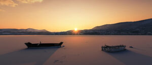 Where in the World 639 featured image boats on a frozen lake at sunset sunrise