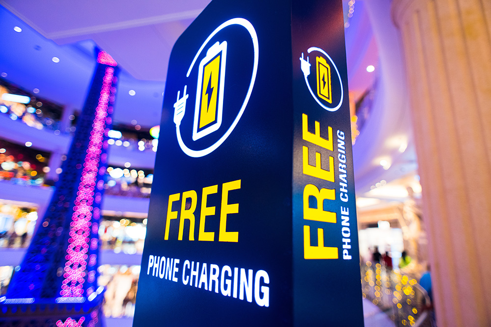 Juice Jacking free mobile charging station at an airport