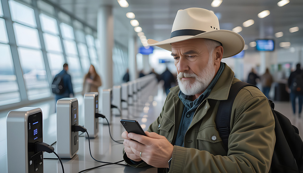 Juice Jacking senior man at mobile charging station in airport