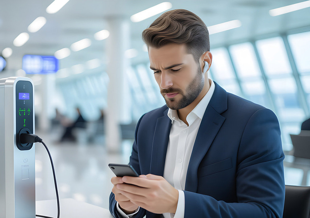 juice jacking businessman at airport charging smartphone