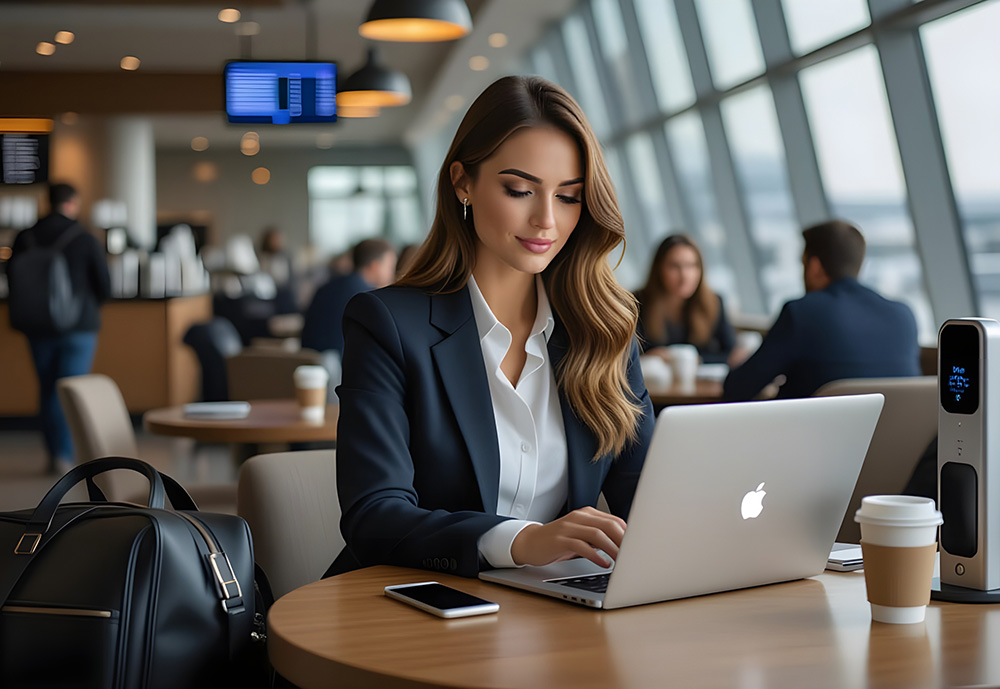 Juice Jacking business woman at airport working on Apple laptop computer