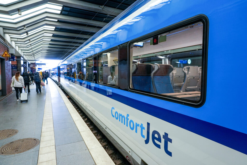 European train travel Comfortjet rolling stock at platform Czech Railways