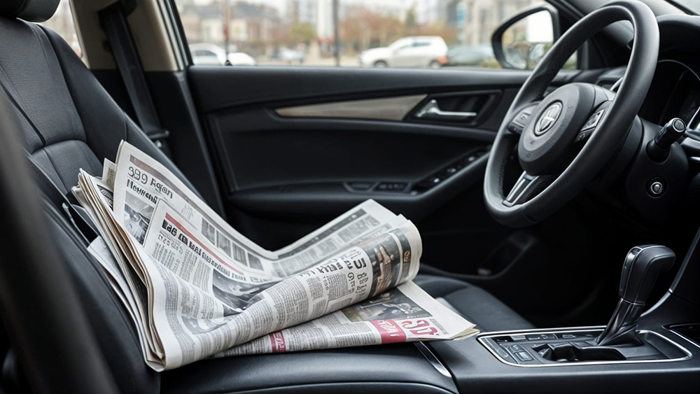 Theft from Rental Cars newspaper on a car seat