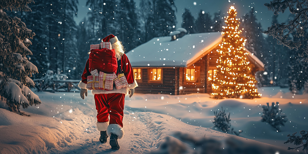 Finding Santa Father Christmas walking in snow scene