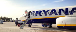 Featured image Ryanair budget airline on the apron at airport