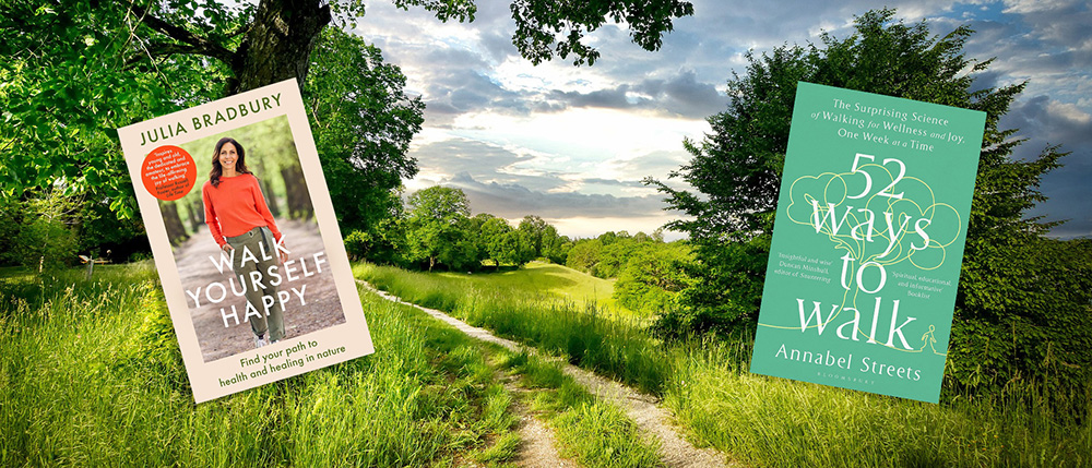 Walk to be Healthy two books superimposed on a picture of a path through the countryside