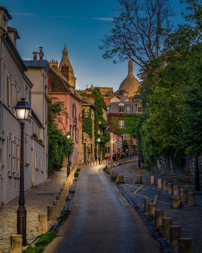 Paris Montmatre narrow street night scene